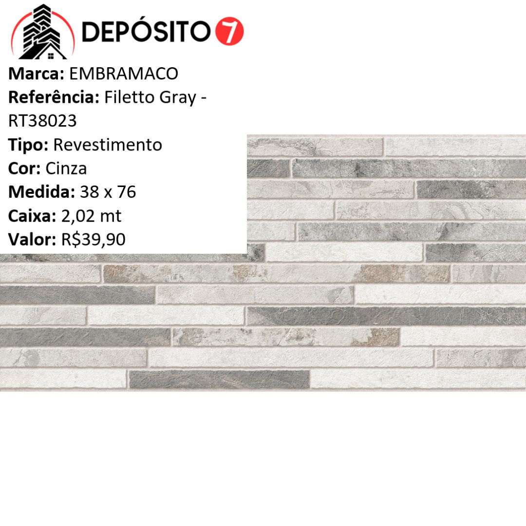 EMBRAMACO REVESTIMENTO RETIFICADO 38X76 FILETTO GRAY RT38023 (CAIXA COM 2,02MT)